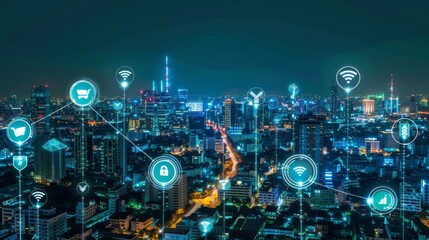 A cityscape at night with digital lines and icons representing wireless networks and connectivity across the metropolis.