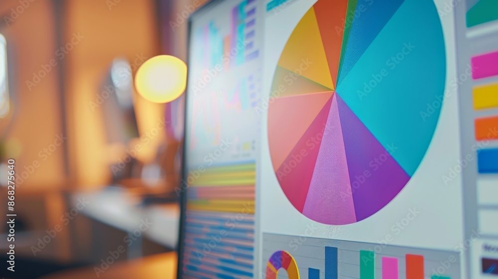 Leinwandbilder A close-up of a computer screen displaying a colorful pie chart, representing data analysis and market segmentation.
