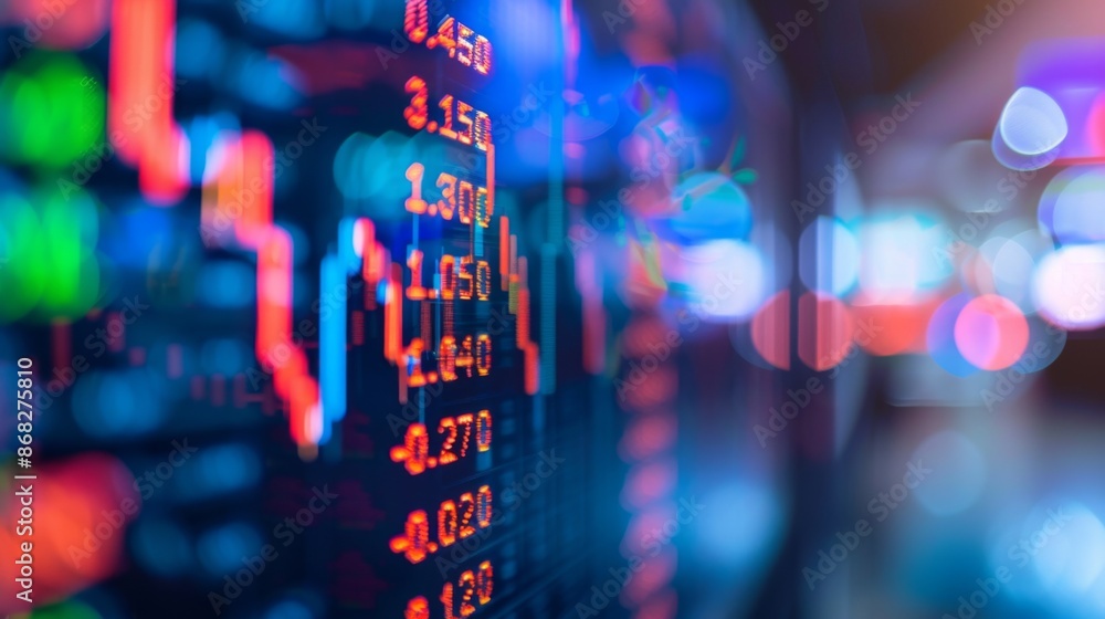 Poster A close-up of a computer screen with a real-time stock ticker, showing rapid changes in stock prices and trading volume.