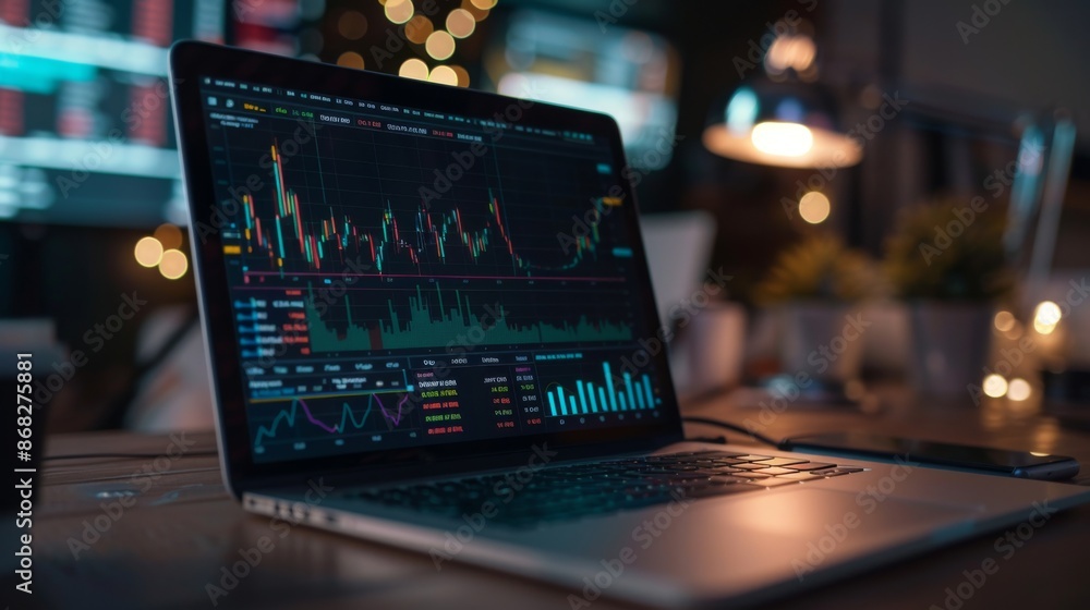Leinwandbilder a close-up of a laptop displaying a financial dashboard with various graphs and charts showing real-