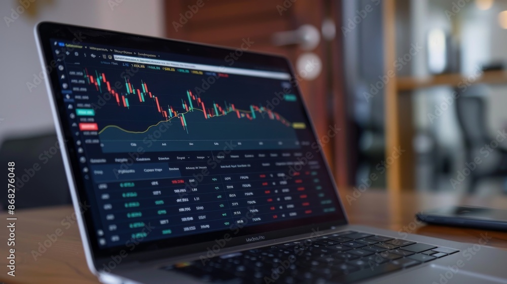 Leinwandbilder a close-up of a laptop displaying a financial dashboard with various graphs and charts showing real-