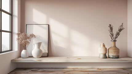 Modern interiors in rustic style with minimalist furniture, in peach color and natural lighting. Residential Real Estate composition for premium properties.