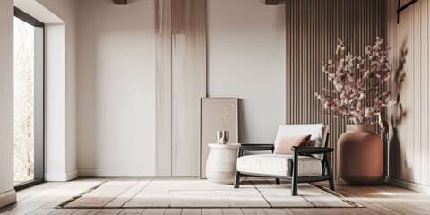 Modern interiors in rustic style with minimalist furniture, in peach color and natural lighting. Residential Real Estate composition for premium properties.