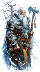 Large Warrior Wizard.  Generated image. A digital illustration of a large warrior wizard standing next to a haunted tree, warrior shaman with an axe, in the style of colorful realistic tattoo.