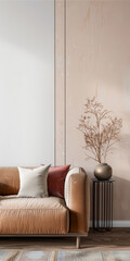 Modern interiors in rustic style with minimalist furniture, in peach color and natural lighting. Residential Real Estate composition for premium properties.