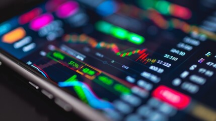 Obraz premium A close-up of a smartphone screen showing a stock trading app with live stock prices, buy/sell buttons, and market news.