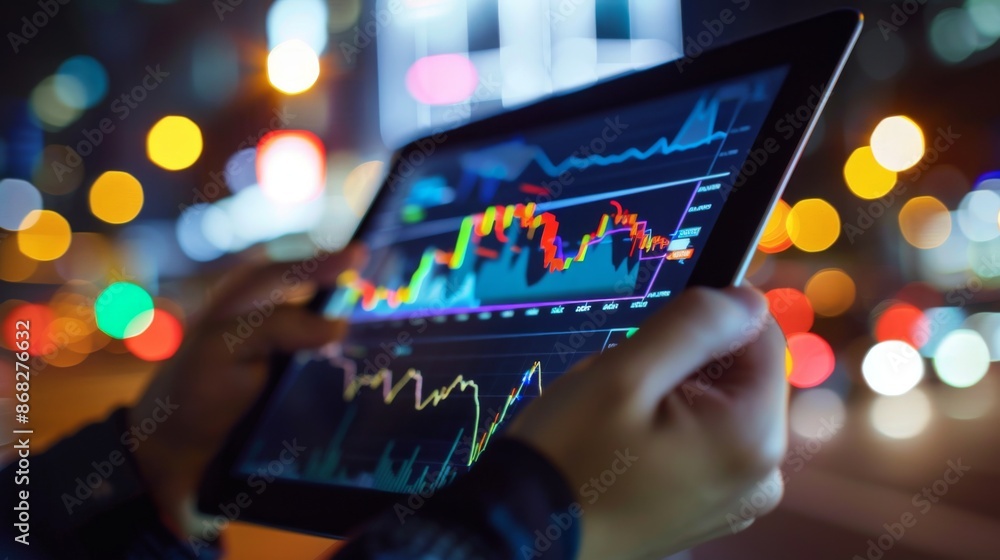 Leinwandbilder a close-up of hands holding a tablet showing a diversified stock portfolio with different sectors an