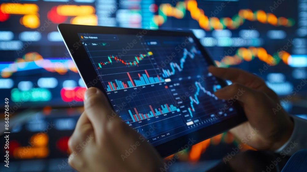 Aufkleber a close-up of hands holding a tablet showing a diversified stock portfolio with different sectors an