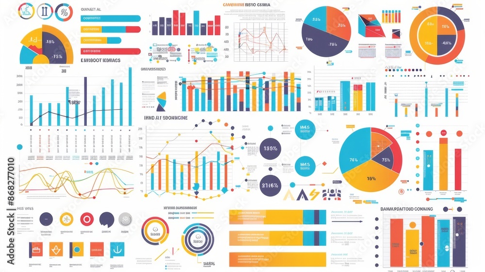 Aufkleber A colorful infographic with various charts and graphs, used for visually representing complex information in a simple way.