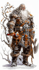 Large Warrior Wizard.  Generated image. A digital illustration of a large warrior wizard standing next to a haunted tree, warrior shaman with an axe, in the style of colorful realistic tattoo.