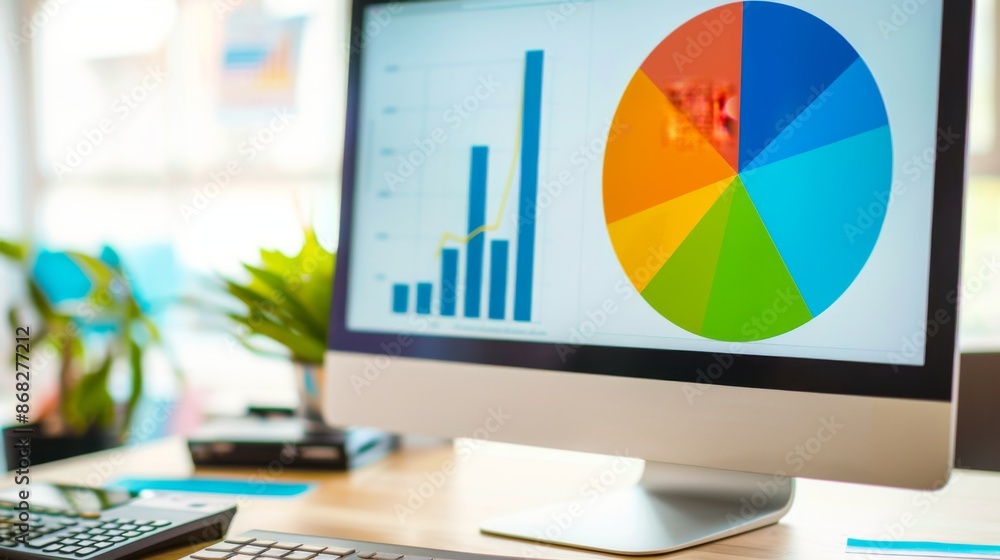 Poster a colorful pie chart on a computer monitor, representing different investment allocations in a diver