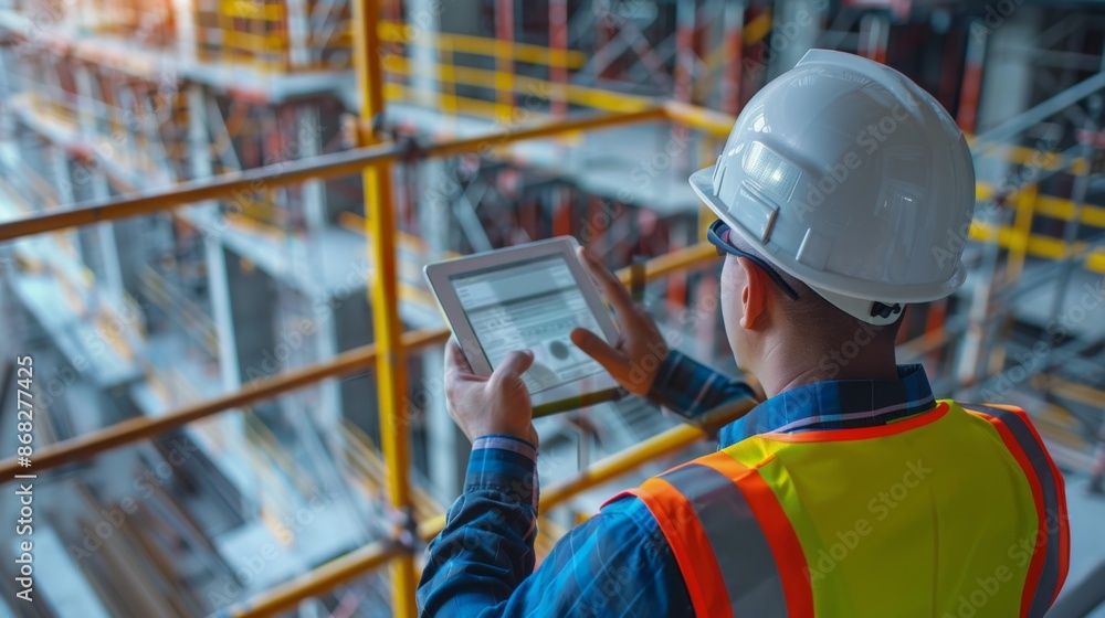 Fototapete A construction manager using a tablet to monitor progress and communicate with workers, integrating technology into the site.