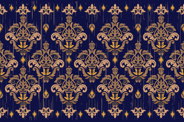 Ikat ethnic embroidery design on rnavy blue color pattern. This pattern design for fabric, textile, wallpaper.