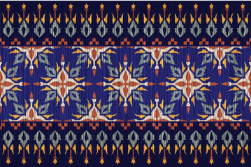 Ikat ethnic embroidery design on red color pattern. This pattern design for fabric, textile, wallpaper.