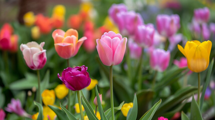 A colorful garden with a variety of flowers including pink, yellow, and orange. The flowers are in full bloom and are arranged in a way that creates a vibrant and lively atmosphere