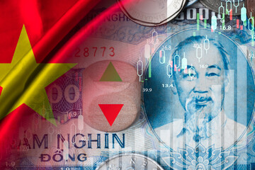 Double exposure among of banknote , stock market graph chat and Vietnam flag for Vietnam country is new born economy and high business development growth from many investment concept.