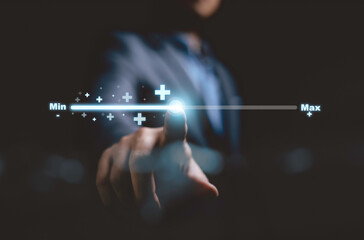 Businessman touching plus sign to update progress of download bar for value added product and...