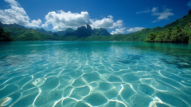 Serene Matira Beach Bora Bora Lagoon Paradise with Turquoise Waters and Lush Islands Panorama