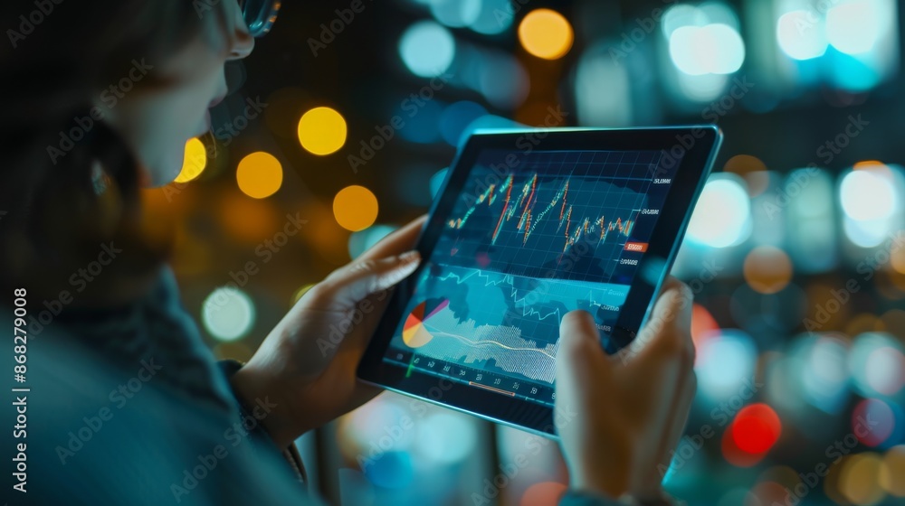 Poster a financial analyst reviewing line graphs on a tablet, focusing on trends and stock market performan