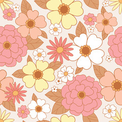 Seamless vector pattern with hand drawn decorative vintage flowers. Retro groovy floral background. Perfect for textile, wallpaper or print design.