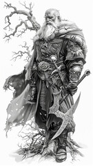 Large Warrior Wizard.  Generated image. A digital illustration of a large warrior wizard standing next to a haunted tree, warrior shaman with an axe, in the style of colorful realistic tattoo.