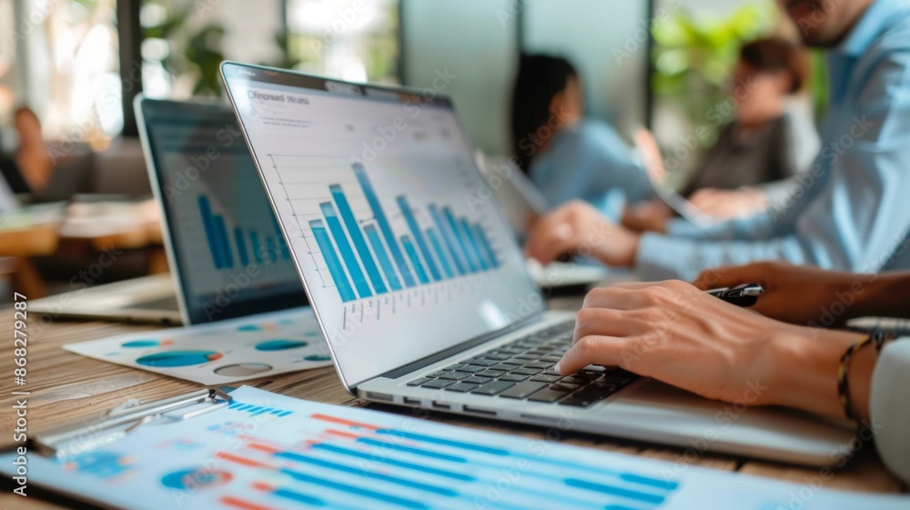 Aufkleber a financial consultant presenting a bar graph of quarterly earnings to a group of investors in a mod