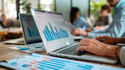 A financial consultant presenting a bar graph of quarterly earnings to a group of investors in a modern office.