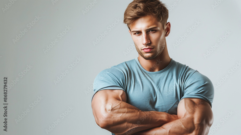 Wall mural Young strong sporty athletic man in casual t-shirt, showing biceps after training in gym, isolated on white background