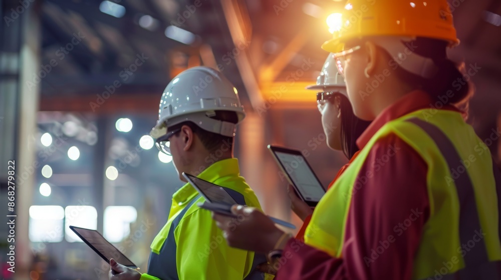 Aufkleber A group of engineers at a construction site, using tablets and digital tools to review project progress and make updates.