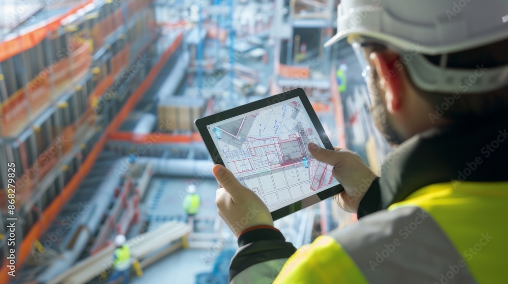 Aufkleber A group of engineers at a construction site, using tablets and digital tools to review project progress and make updates.
