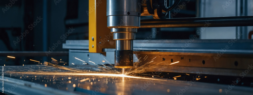 Poster cnc milling in workshop, precise cutting of particleboard sheets.
