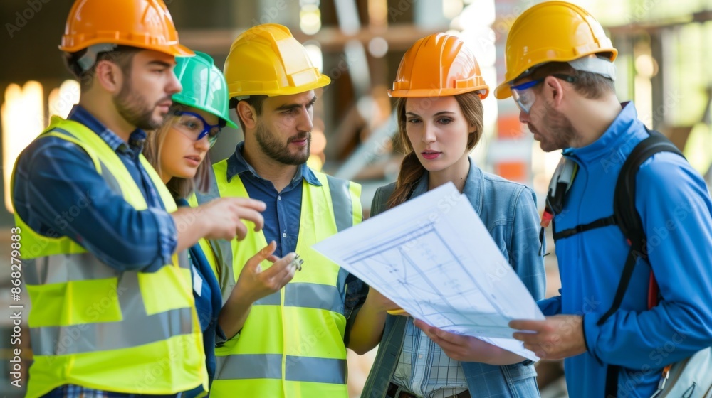 Poster A group of engineers in hard hats and reflective vests discussing blueprints on a construction site, showcasing teamwork and planning.