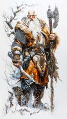 Large Warrior Wizard.  Generated image. A digital illustration of a large warrior wizard standing next to a haunted tree, warrior shaman with an axe, in the style of colorful realistic tattoo.