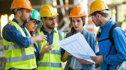 A group of engineers in hard hats and reflective vests discussing blueprints on a construction site, showcasing teamwork and planning.