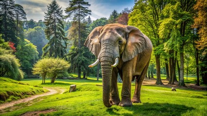 Fototapeta premium Majestic elephant roams freely in lush green surroundings of Dvur Kralove animal garden in Czech Republic, showcasing its natural habitat and gentle giant presence.
