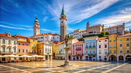 Ancient cobblestone streets and colorful Baroque architecture surround the picturesque Tartini Square in the historic city center of Piran, Slovenia, under a bright blue sky.