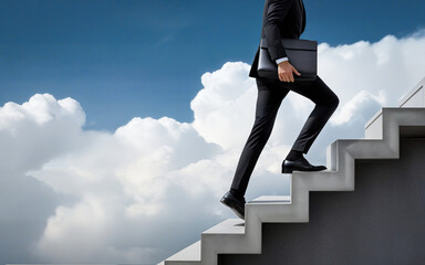 a man in a suit climbs the stairs against a background of clouds and sunlight, business motivation, success