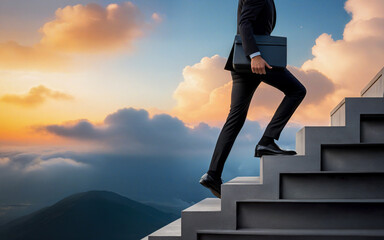 a man in a suit climbs the stairs against a background of clouds and sunlight, business motivation, success