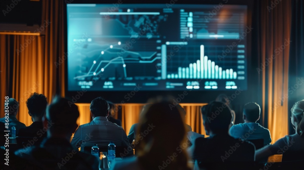 Poster A large screen in a conference room displaying a graph with audience members watching attentively, focusing on the impact of data presentations.