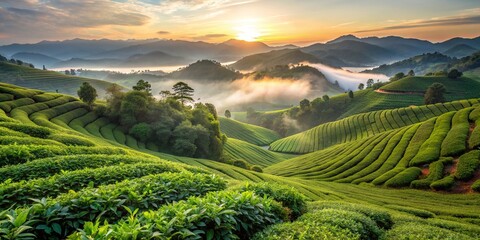 Rolling hills of lush green tea leaves stretch towards the horizon, surrounded by misty mountains and serene valley landscape at Mae Chan, Chiang Rai, Thailand.