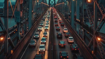 A panoramic view of a bridge filled with vehicles during peak travel times, showcasing the volume of traffic