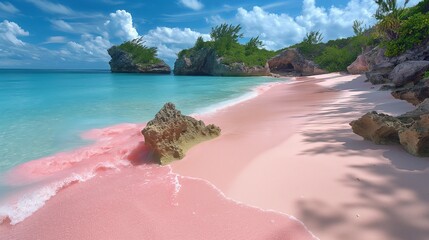 Serene Beauty of Horseshoe Bay Bermuda: Pink Sand Paradise on White Sands Beach with Turquoise Waters and Lush Vegetation