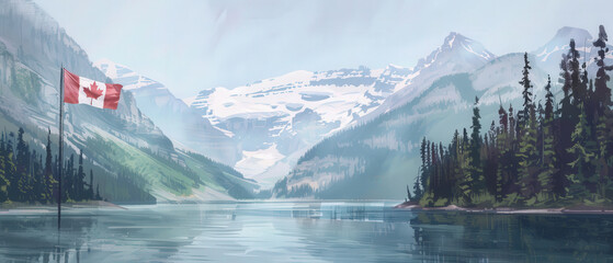 Naklejka premium Serene Canadian Flag Reflection in Lake with Pine Forests and Mountains | Peaceful Digital Painting of Symmetry and Harmony in Canadian Landscape