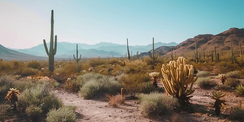 Scenic desert landscape with Saguaro cacti, mountains, and blue sky. Concept of nature, travel, arid climate, and the Southwest USA.