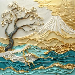 3d modern canvas art mural wallpaper landscape moon, golden christmas trees, colorful mountains