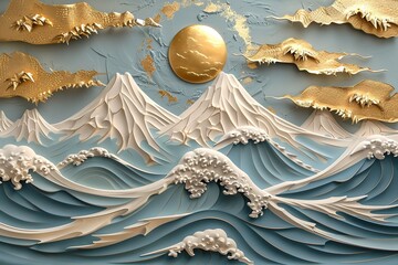 3d modern canvas art mural wallpaper landscape moon, golden christmas trees, colorful mountains