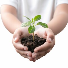 Plant in hands isolated, young sprout, new plant growing in soil, organic farming, environment care, earth day
