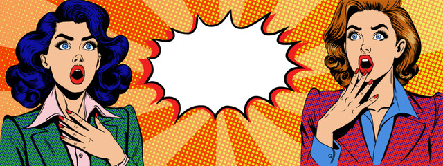 shocked women with amazed face and speech bubble in Pop Art Comic Style. Yellow background with halftone dots in pop art style. Banner template design with copy space for sale, discount, special offer © Julisart
