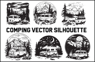 camping, bundle, silhouette, outdoor gear, camping equipment, hiking gear, nature, adventure, travel, wilderness, tent, sleeping bag, backpack, campfire, trekking, survival gear, camping tools, outdoo