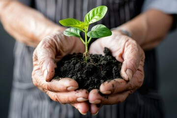Plant in hands, young sprout, new plant growing in soil, organic farming, environment care, earth day